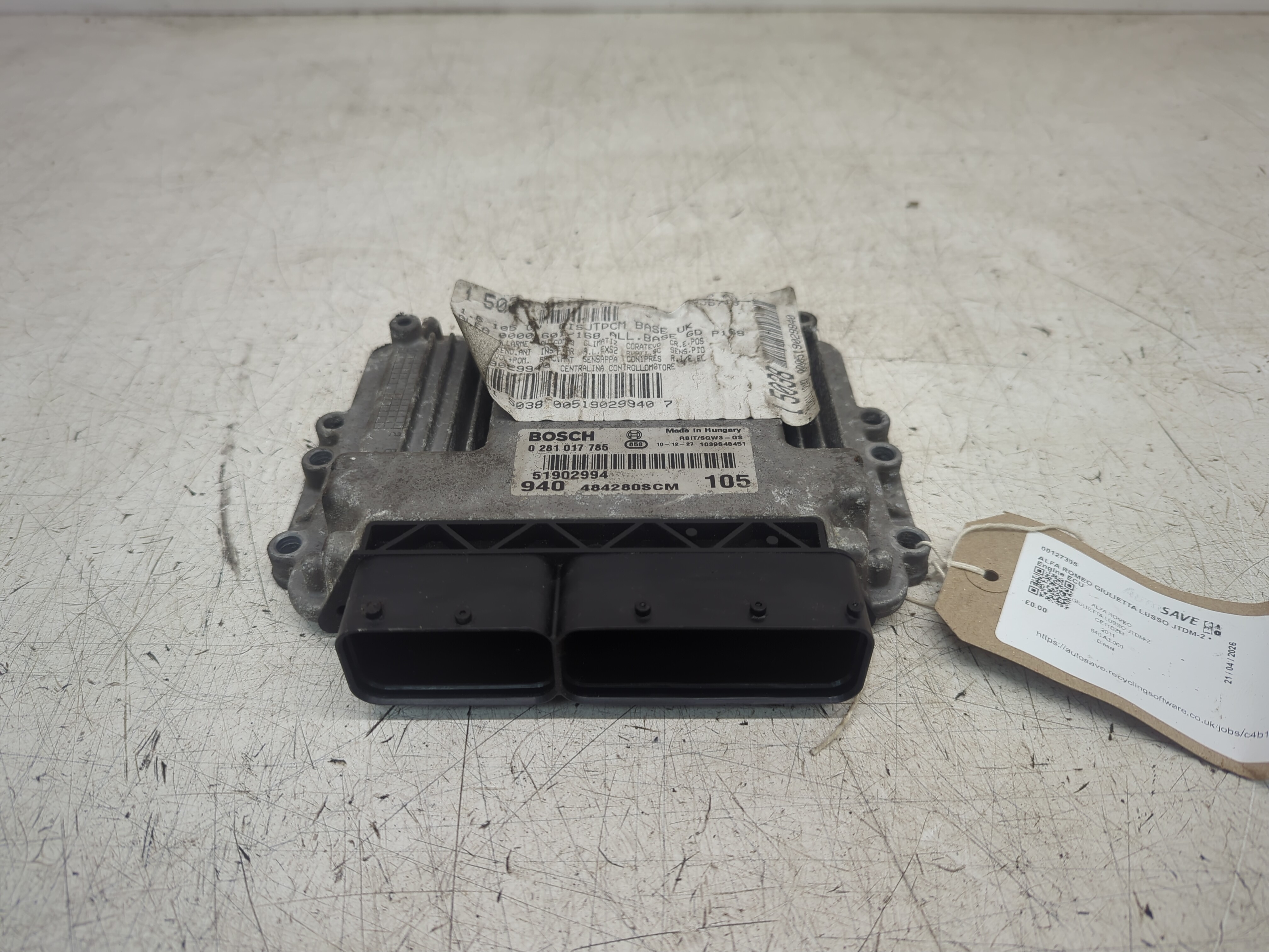 ALFA ROMEO GIULIETTA ENGINE ECU 1.6L DIESEL 2011 940 0281017785